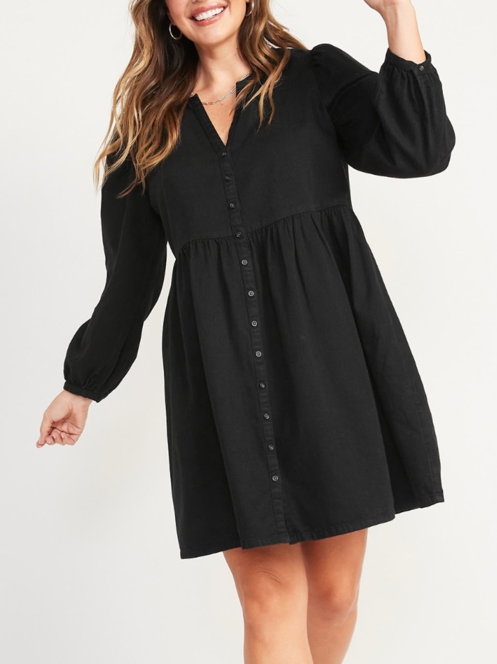 Old Navy Black Button-Front Long-Sleeve Babydoll Dress